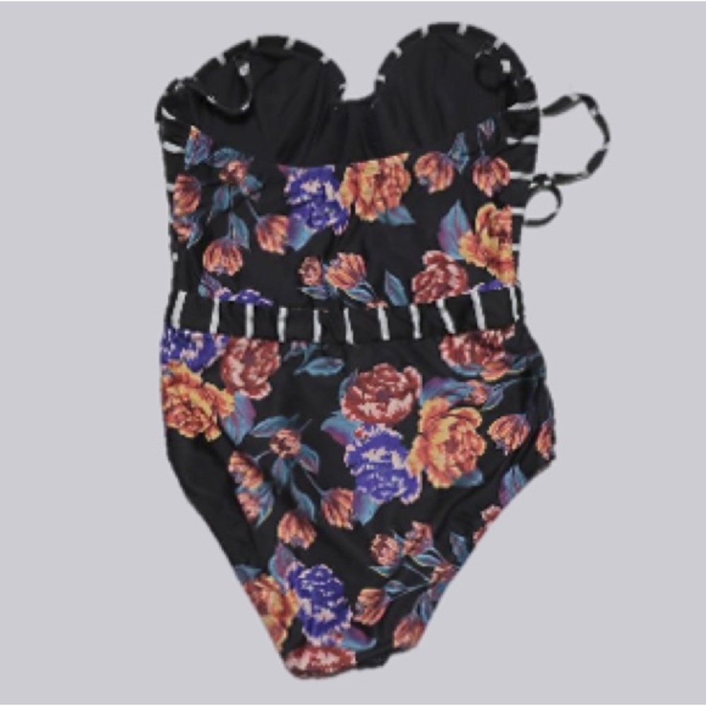 Modcloth The Harper Floral Black White Stripe Halter One Piece Swimsuit - Small - Picture 3 of 6